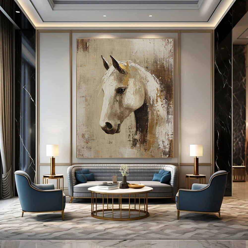 Abstract oil painting featuring an Arabian horse head in beige and white with gold accents set against a rustic neutral background.STSC143