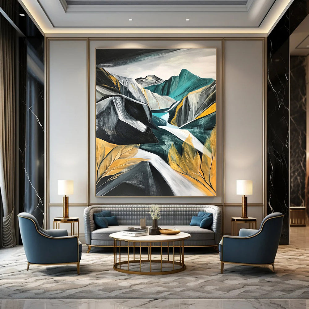 Large abstract painting of mountains and rocks featuring grey white teal gold black and green with a low angle close-up of leaves and a snow storm.STSC191