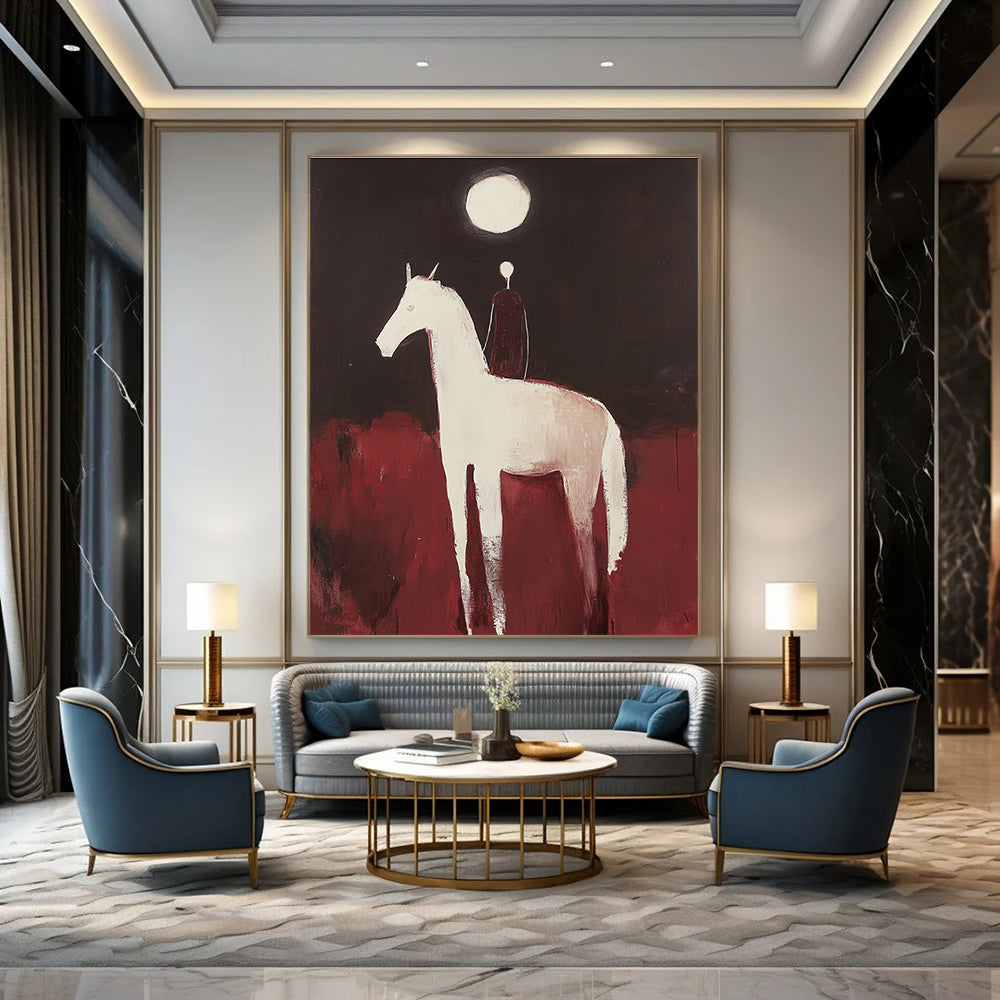 Large abstract painting of an Arabian horse and rider with minimalist forms against a dark red background illuminated by a full moon.STSC572