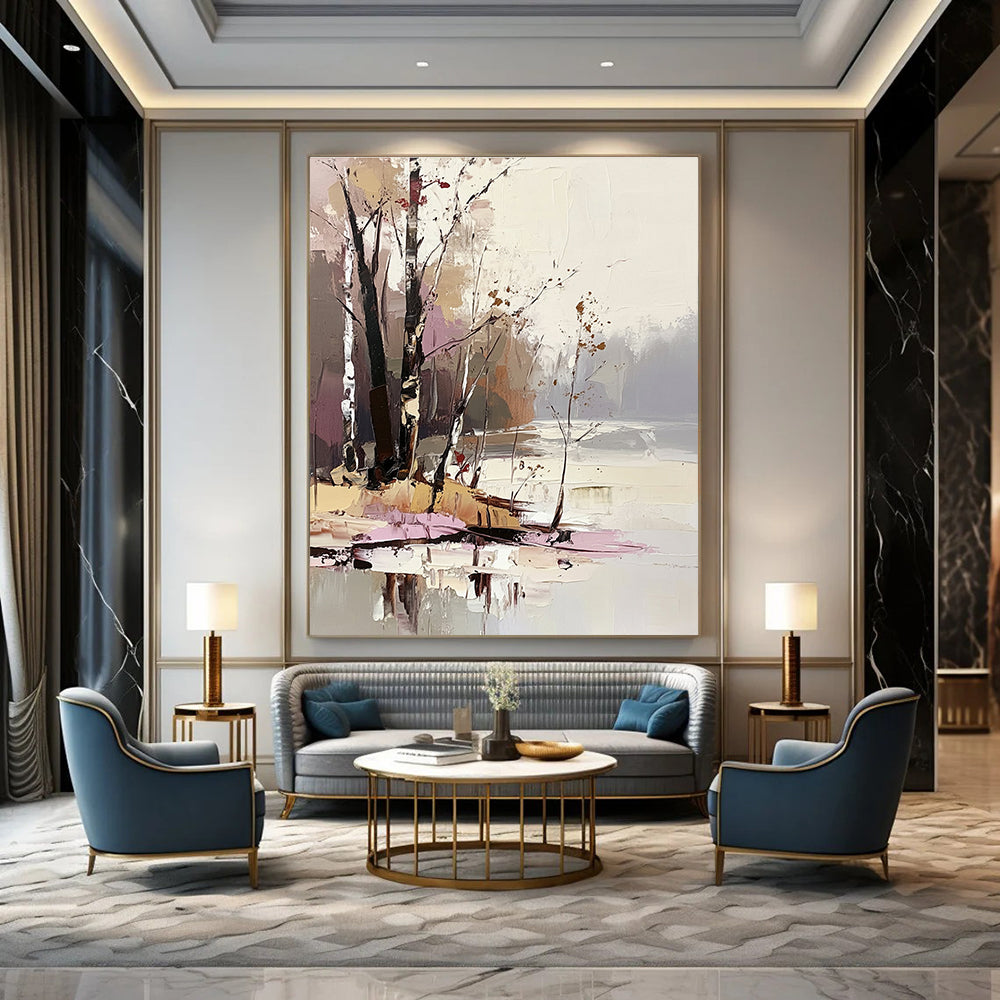 Large abstract painting featuring trees and water in light pink beige brown and gray tones with thick brush strokes and palette knife technique.STSC1396