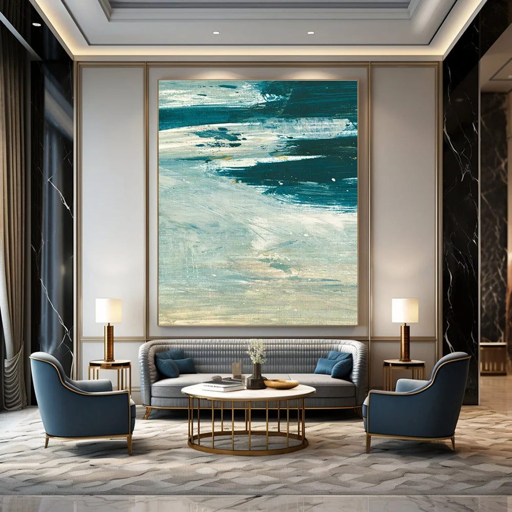 Teal and White Abstract with Textured Layers Painting ADGE176