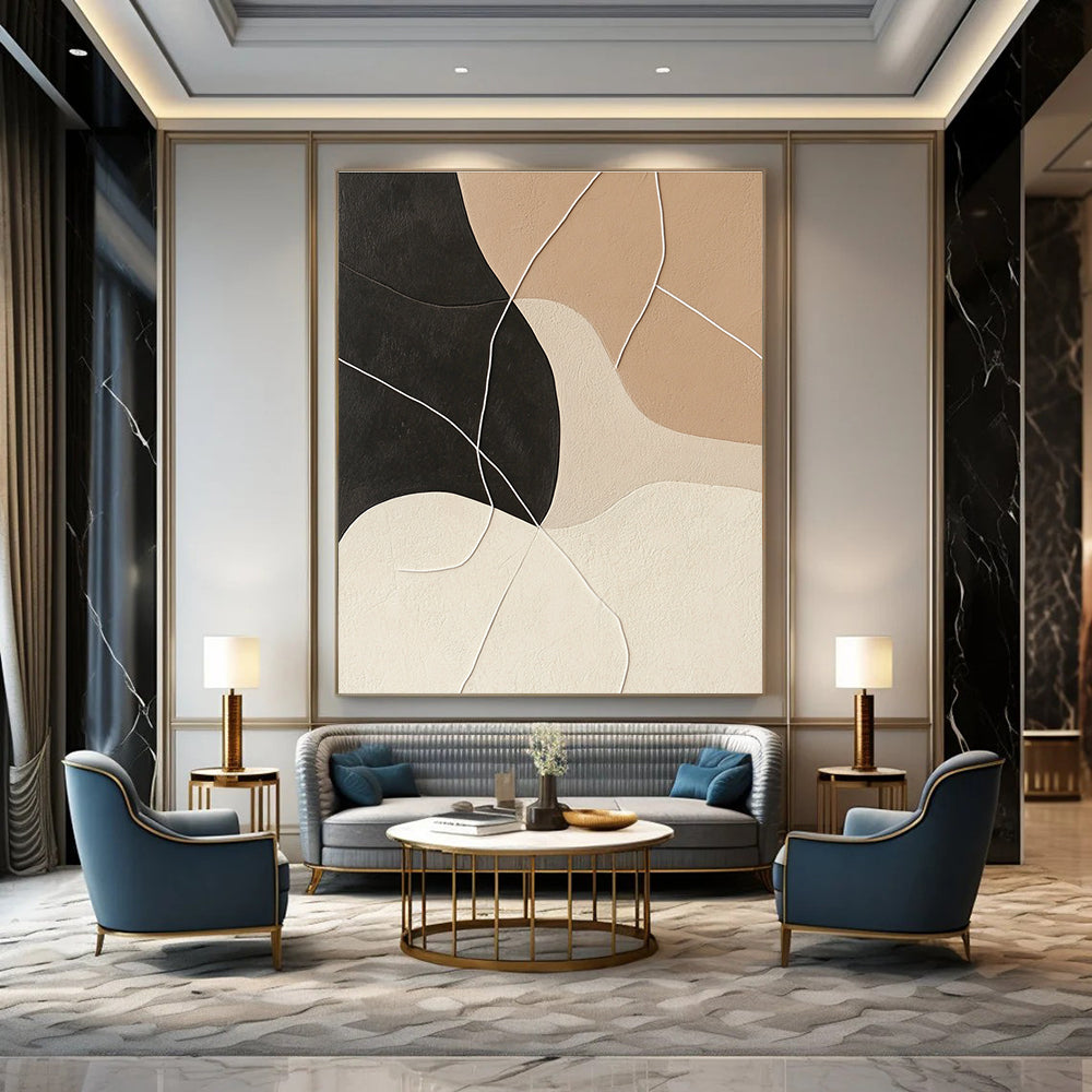 Large abstract painting in beige and black with interconnected white strings for a striking and modern artistic statement.STSC468