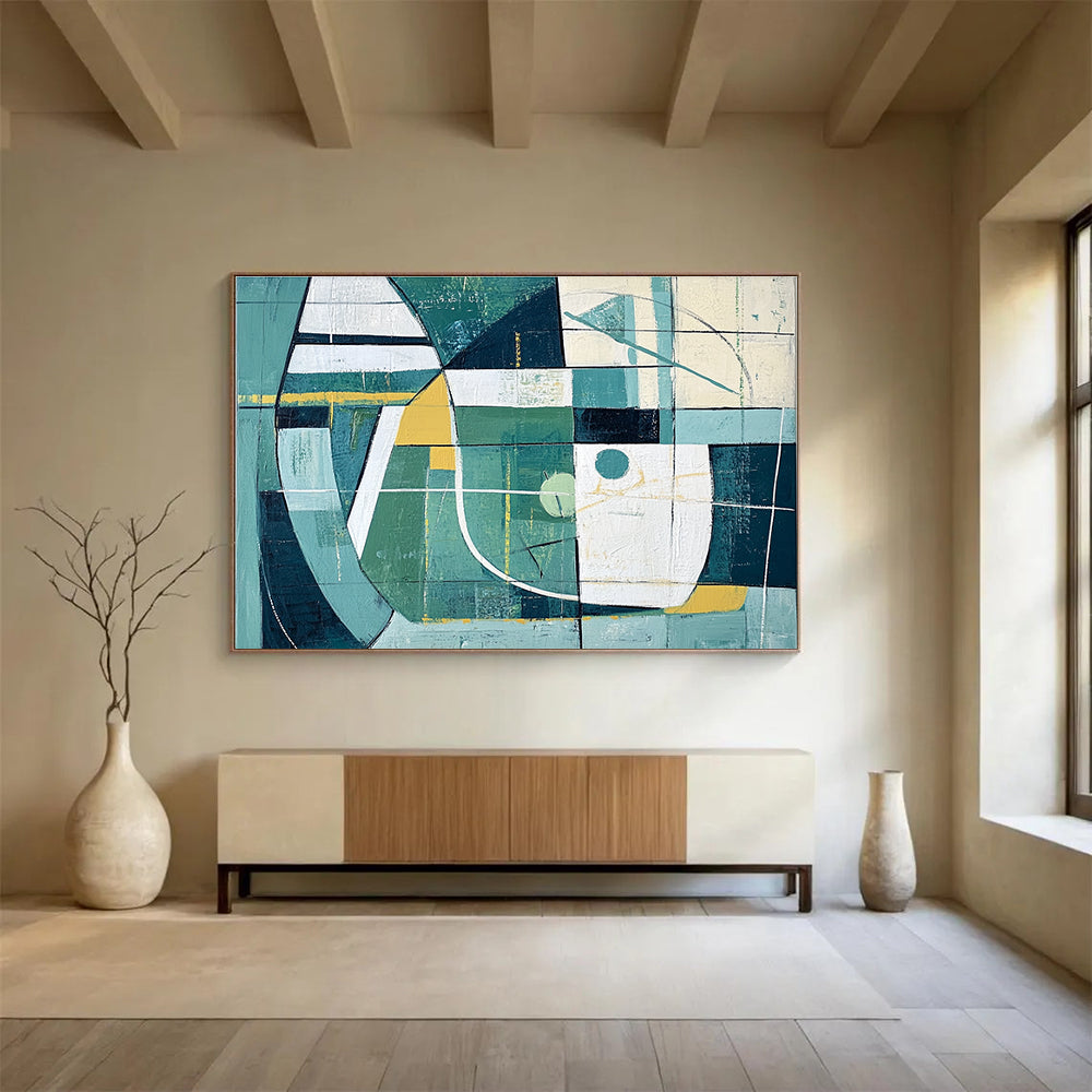 Large abstract painting featuring simple green and white shapes with yellow accents inspired by sports fields and goal lines.SC252