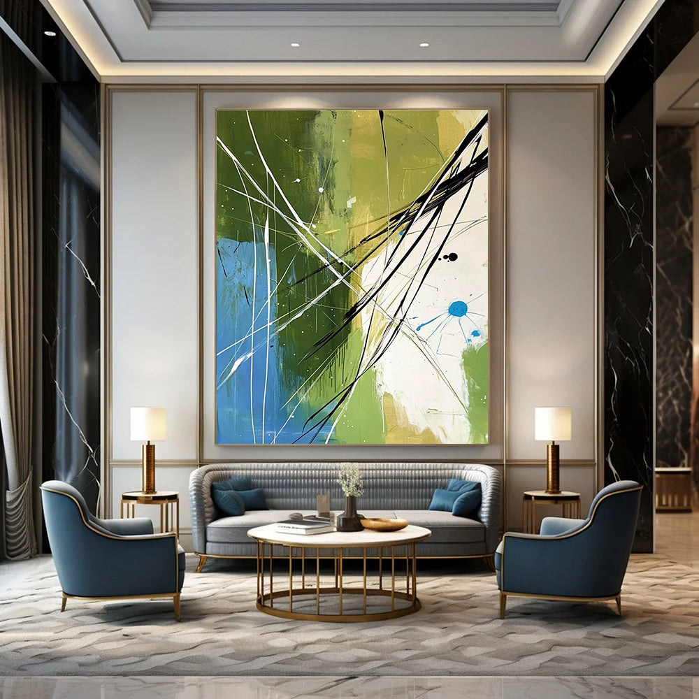 Large abstract painting featuring organic lines and shapes in green blue and white with black elements creating depth and movement for modern decor.STSC320