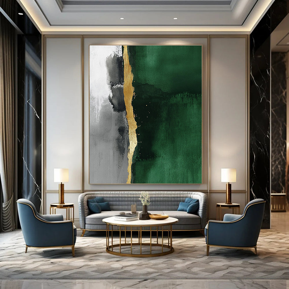 Abstract minimalist painting featuring a thin gold line against an emerald green and gray background emphasizing fluidity and elegant simplicity.STSC129
