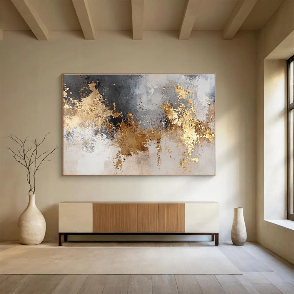Large abstract art painting featuring gold and silver tones on a neutral background with soft textures and dreamy lighting.SC006