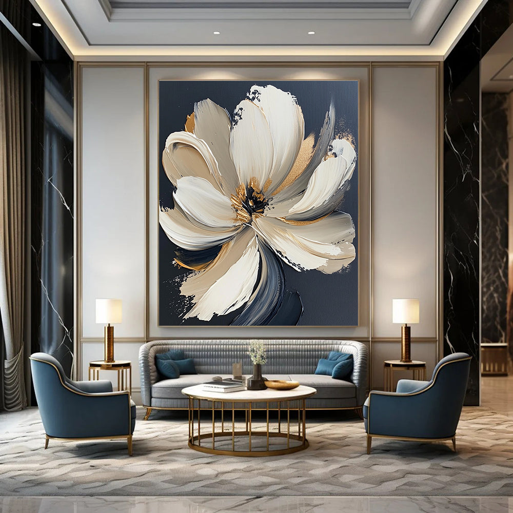 Large Abstract Painting Featuring A White Flower With Gold Accents Bold Brush Strokes And Neutral Colors Set Against A Black Background.STSC293
