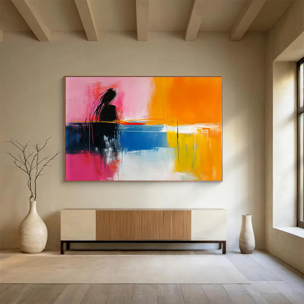 Large abstract painting featuring pink yellow orange and blue tones with a calm sea and sunset in a minimalist style.SC250