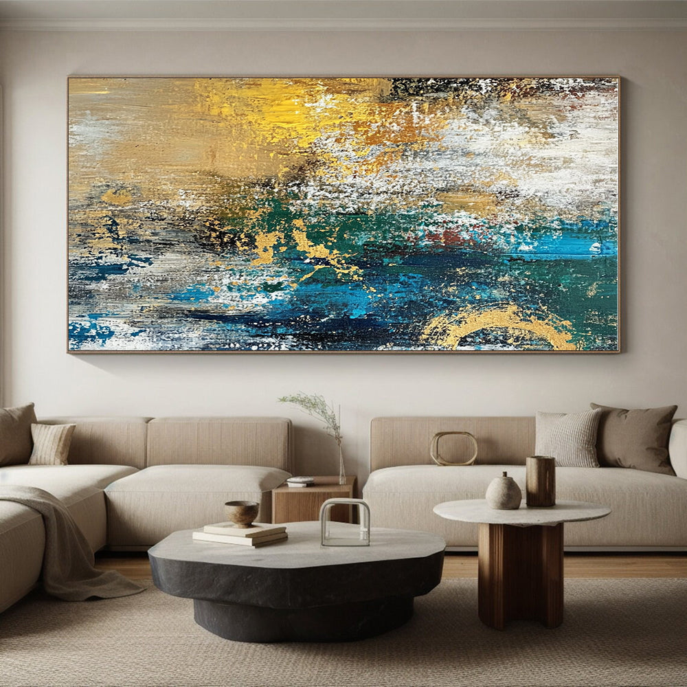 Gold Teal and White Abstract Painting with Textured Gold GER686
