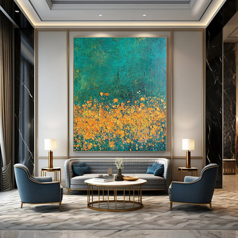 Abstract painting featuring textured strokes in teal gold and orange with a vibrant flower cluster against a dark green backdrop.STSC1110