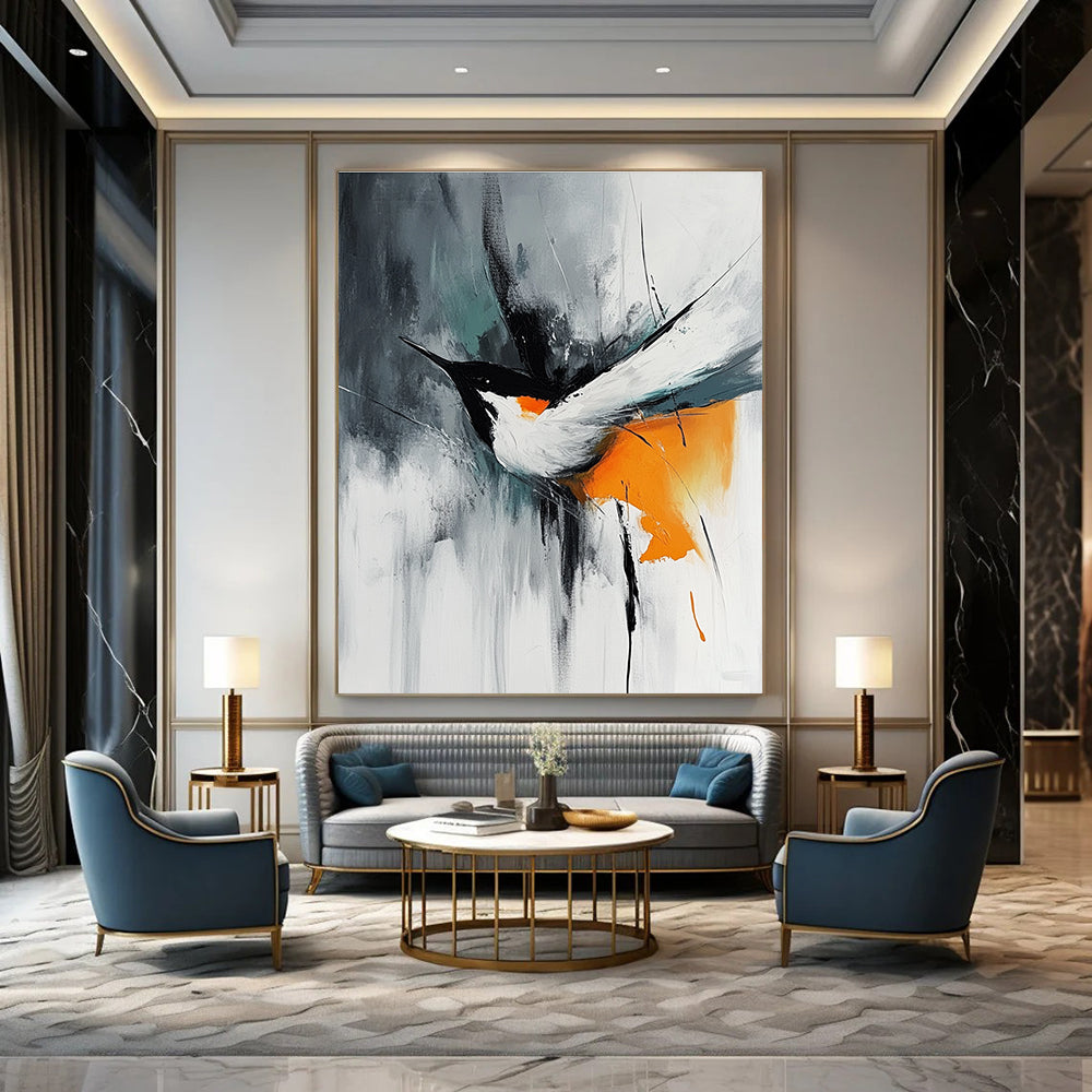 Abstract painting featuring an orange white and black bird in flight with minimalistic brush strokes on a gray background in the style of Marcin Sobas.STSC662