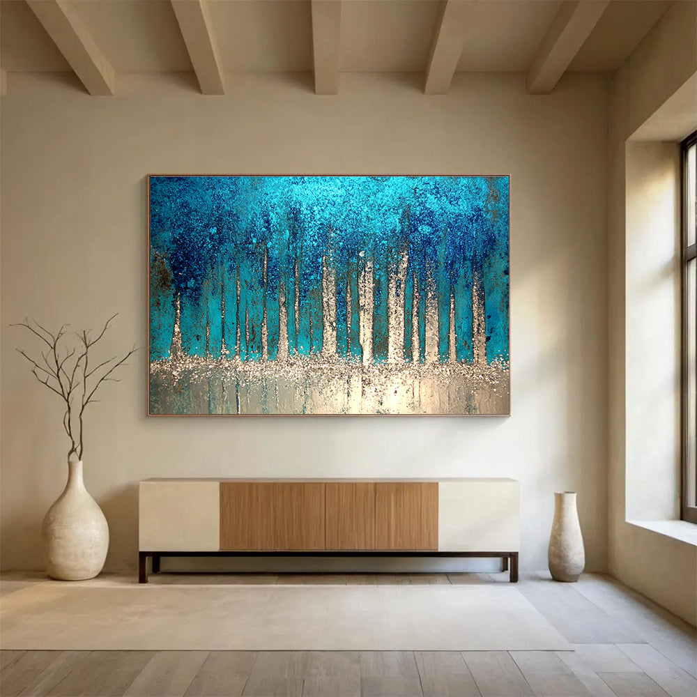 Sparkling Forest Abstract Painting with Blue and Silver DYP504