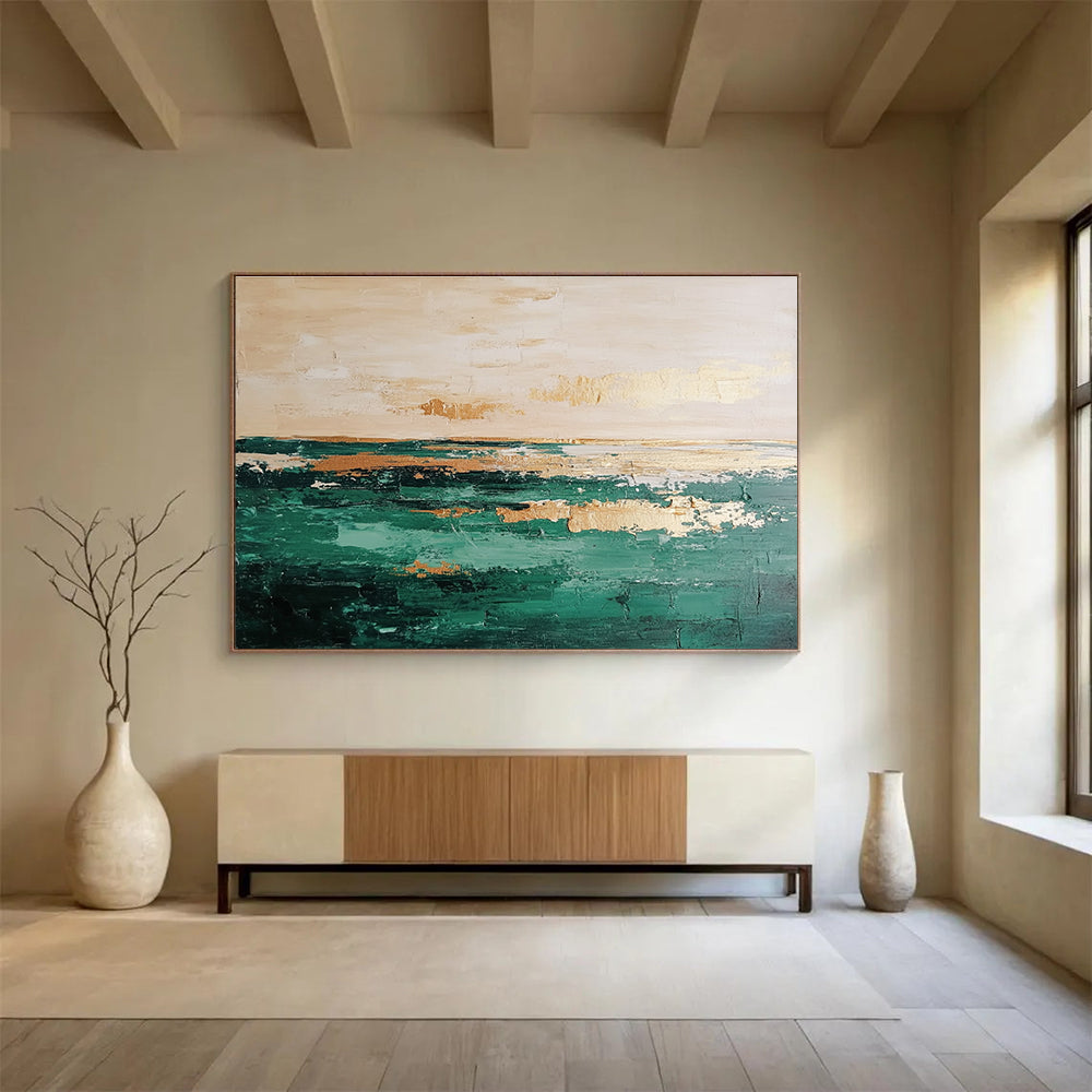 Large abstract oil painting of a serene green and beige sea with a clear horizon line perfect for modern decor.SC112