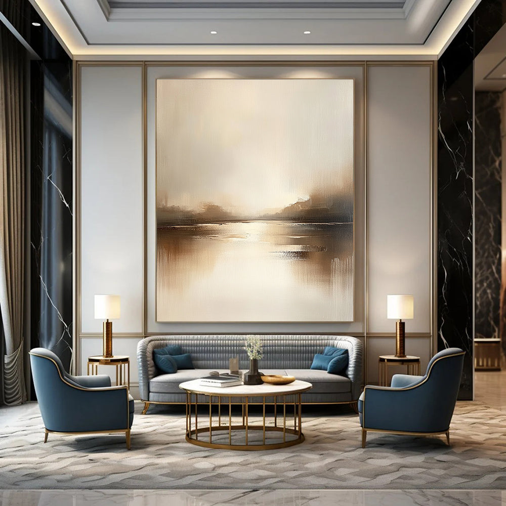 Large abstract painting featuring a serene lake in muted tones of beige and gray with soft edges and minimalist style, evoking tranquility and calmness.STSC091