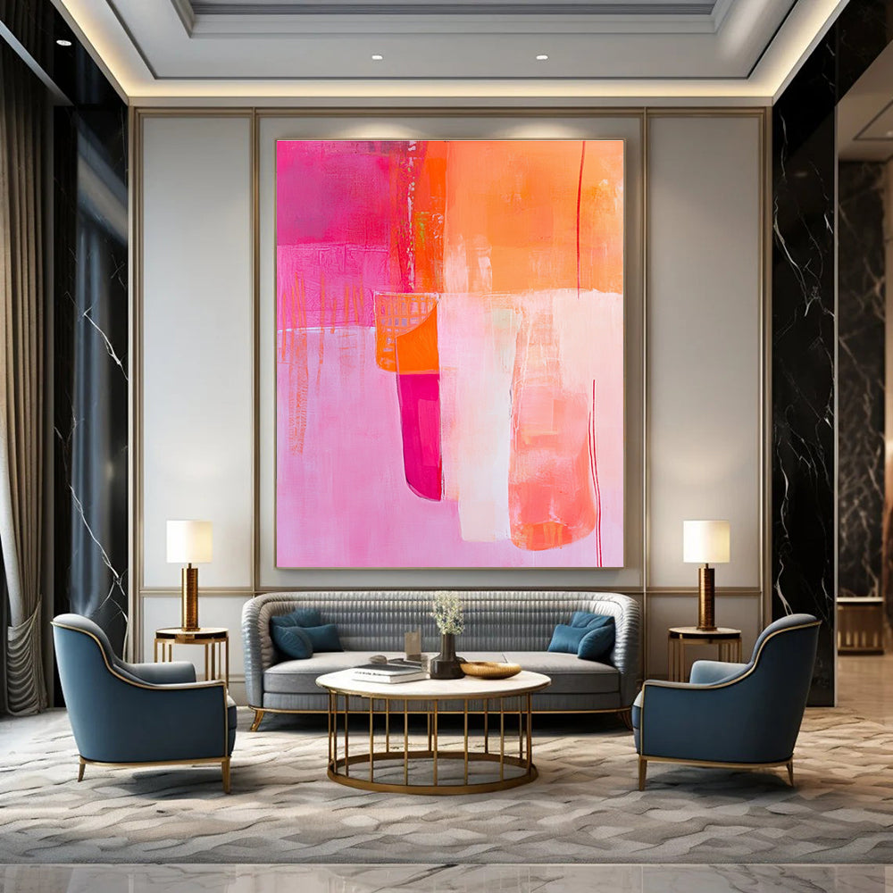 Large abstract painting featuring pink and orange tones with a textured background and playful paper cutout in the foreground.STSC785