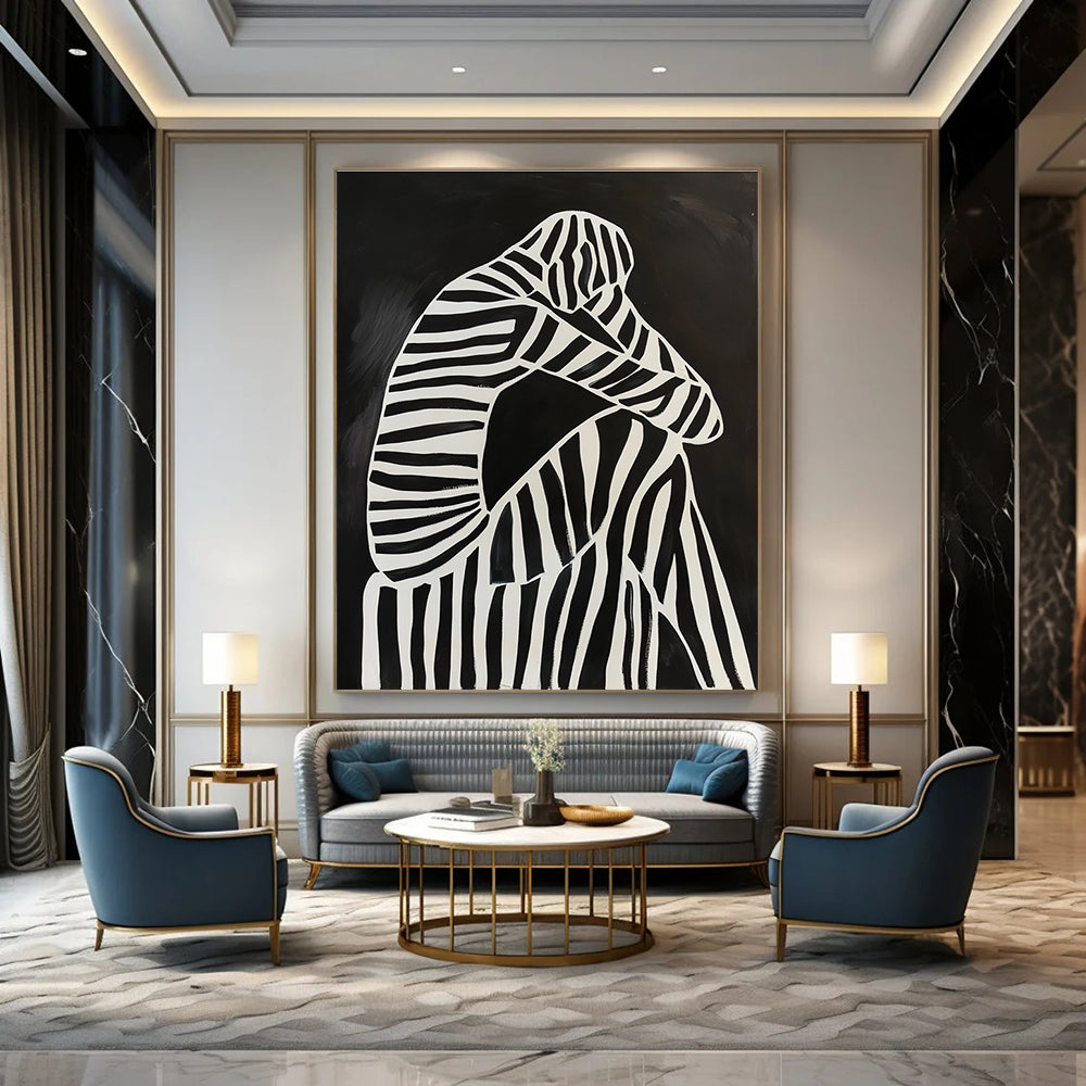 Abstract painting of a black and white figure on a striped chair featuring minimalistic lines and high contrast in a dark background.STSC1111