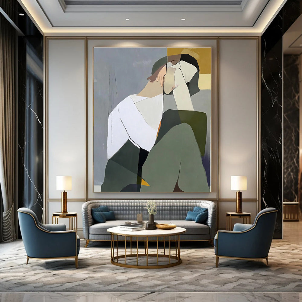 Large abstract painting of a woman with a white shirt and green jacket against a gray-blue background with light yellow accents and visible brushstrokes.STSC1114