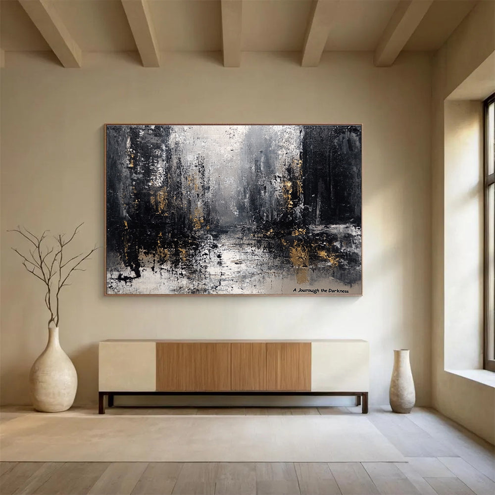 A large abstract painting featuring a grey and black palette with industrial buildings blurred under a gloomy sky and raindrops evoking desolation.SC286