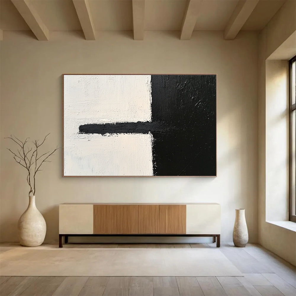 Black and White Geometric Abstract Painting with Textured Strokes DYP300