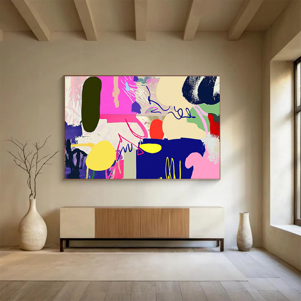 Large abstract artwork featuring vibrant shapes and lines with a unique animal silhouette in the right corner for a striking visual impact.SC455