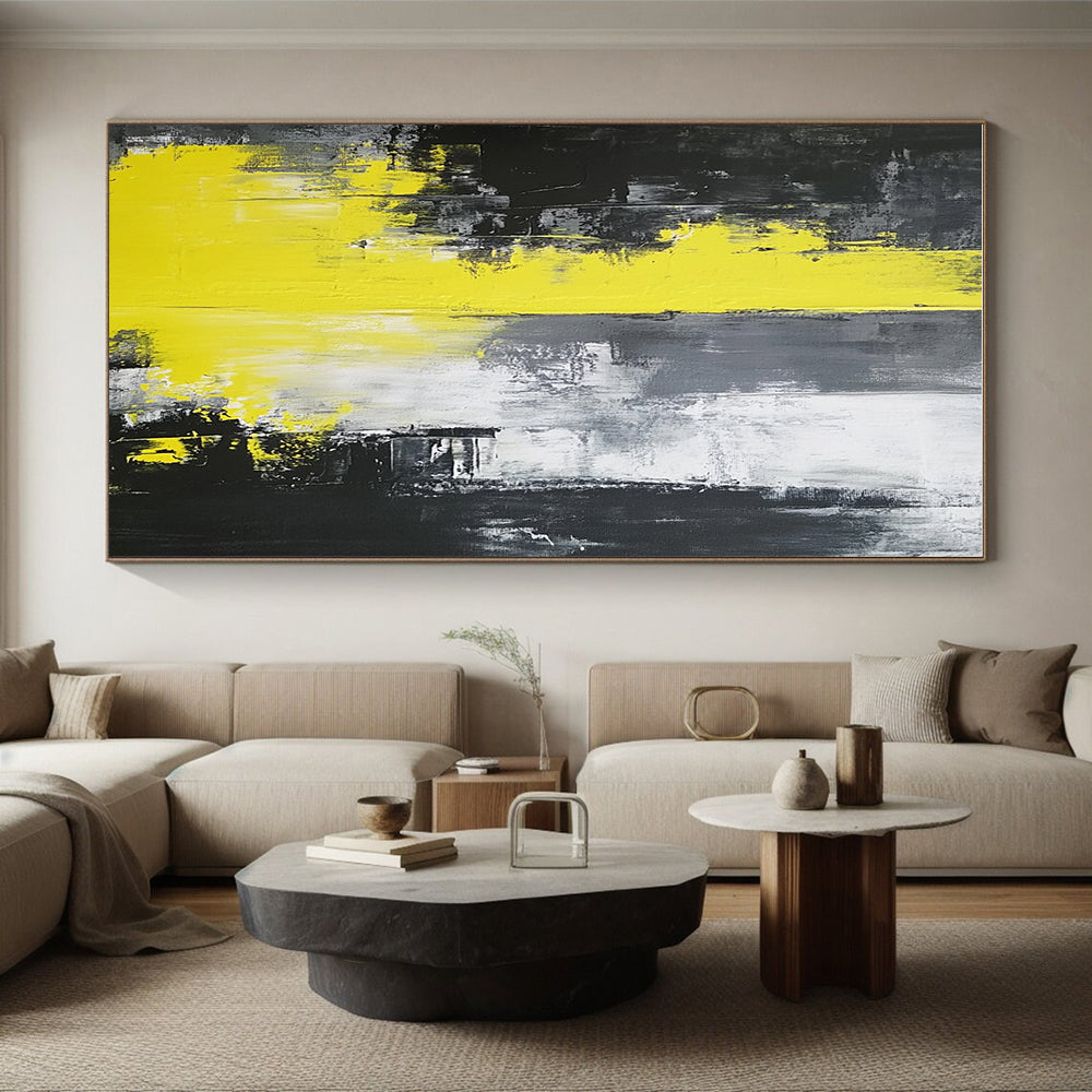Black Gray and Yellow Abstract Painting with Expressive Strokes GER506