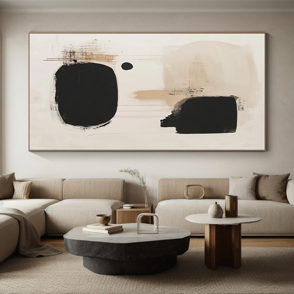 Black and Beige Drip Abstract Painting with Spontaneous Forms GER173