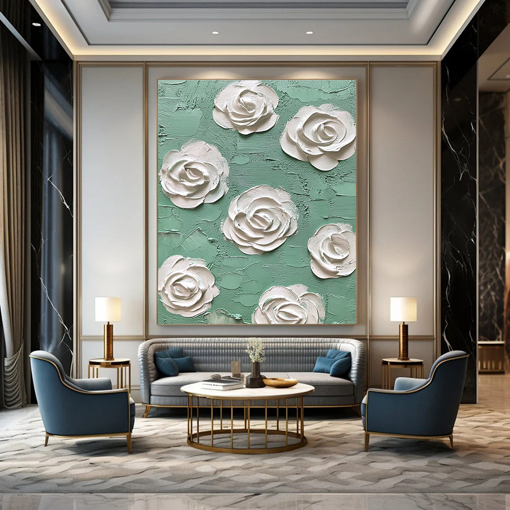 Abstract oil painting featuring mint and white roses with textured impasto layers in green and cream tones, a fine art masterpiece of high detail.STSC1350