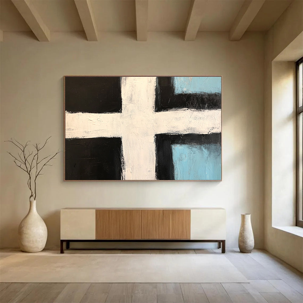 Abstract painting featuring a bold black and white cross with light blue accents and thick brush strokes in a minimalistic style.SC168
