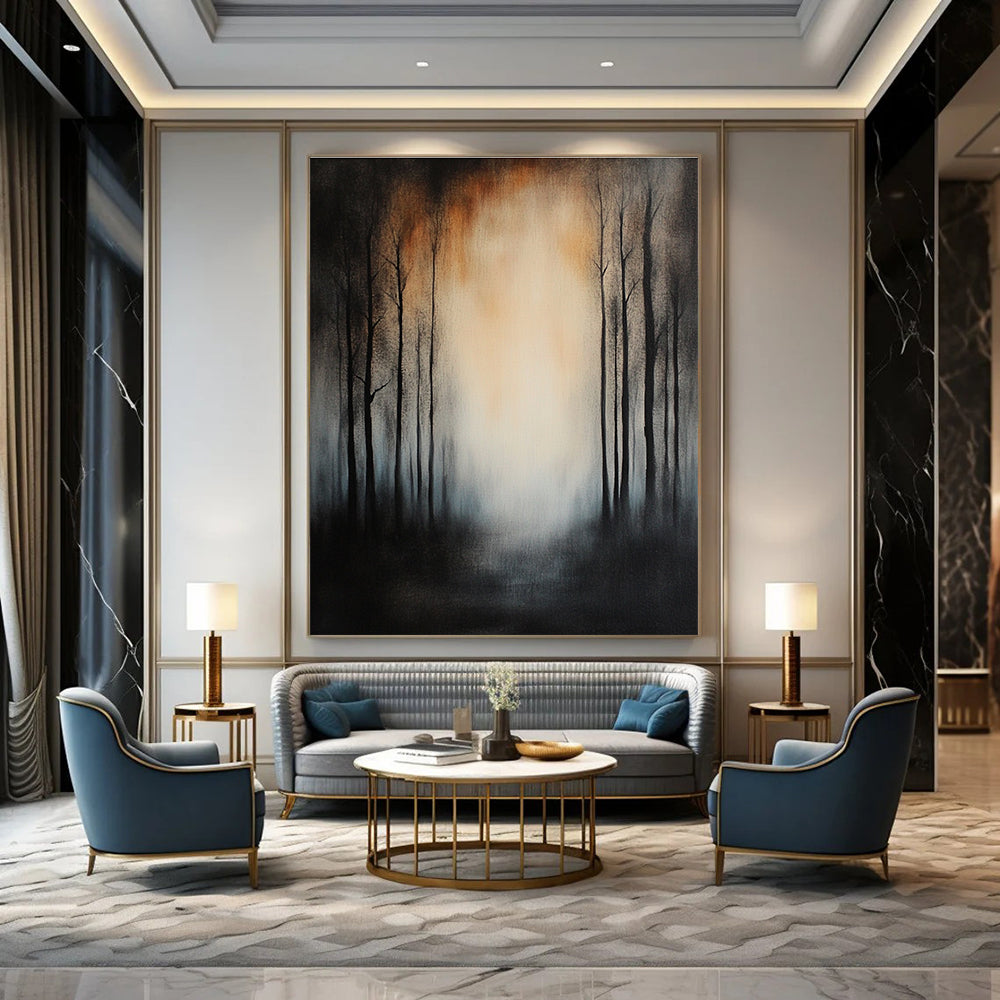 Large abstract painting featuring tall trees in a misty forest with dark gray and black tones and muted colors against a dark background.STSC195