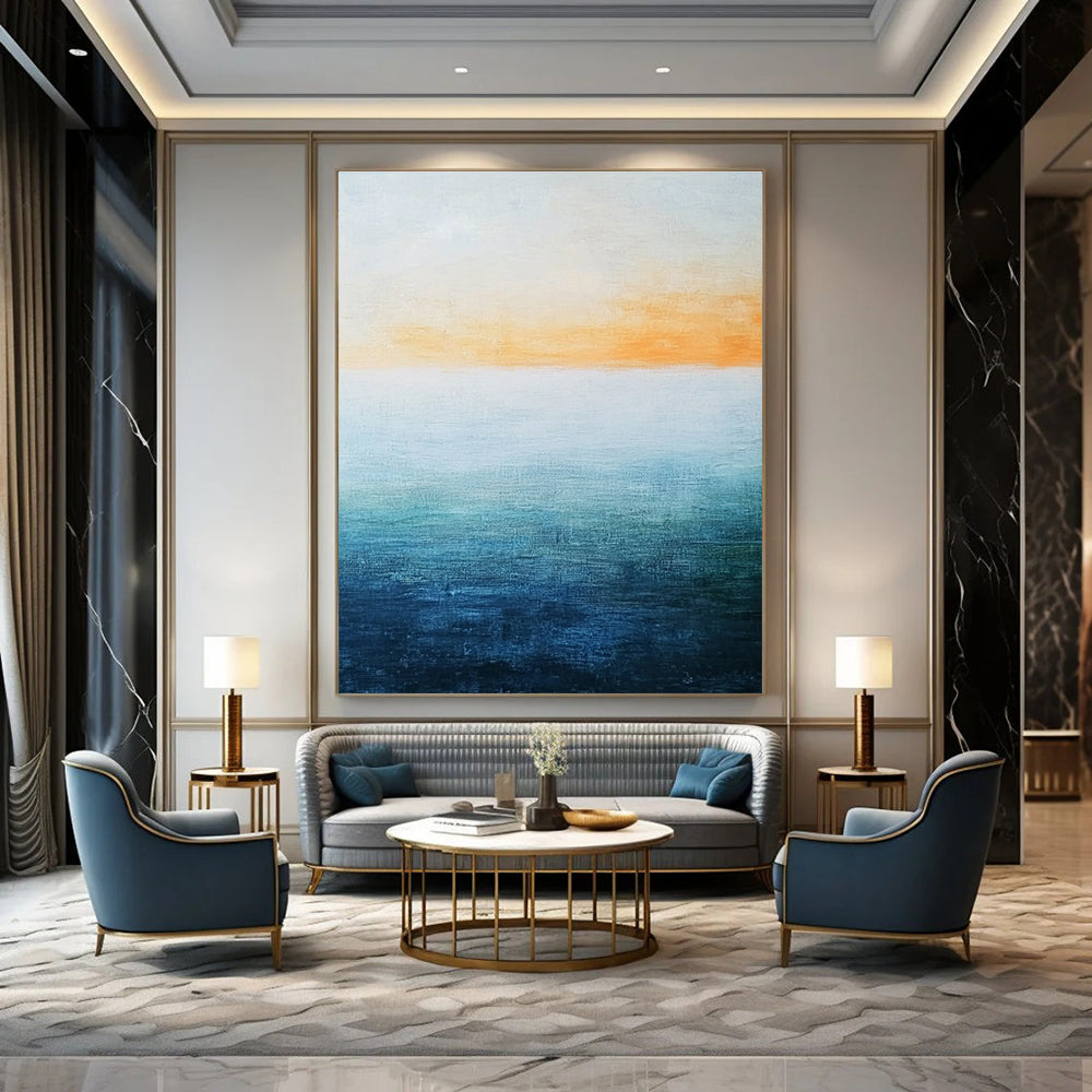 Abstract landscape featuring a vast water expanse in blue and green hues beneath a soft orange sky with a minimalist oil painting style.STSC074