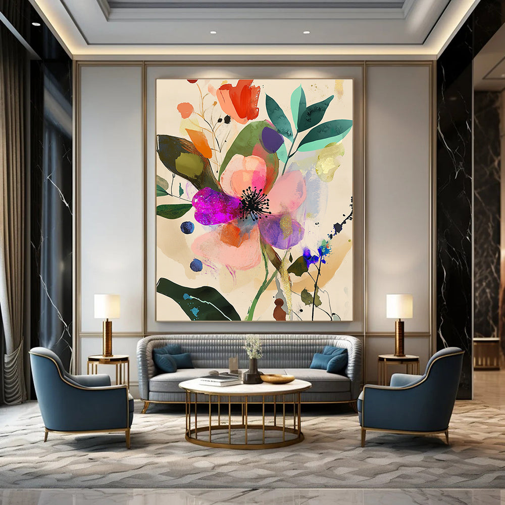 Large abstract watercolor painting featuring iridescent pink flower surrounded by floral patterns in pastel colors with organic shapes and black ink details.STSC1045