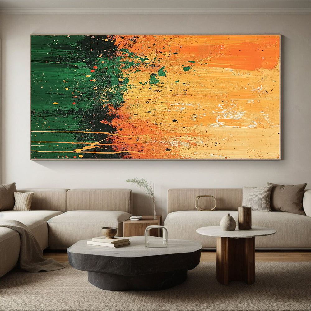Orange Green Splatter Abstract Painting with Energetic Patterns GER492
