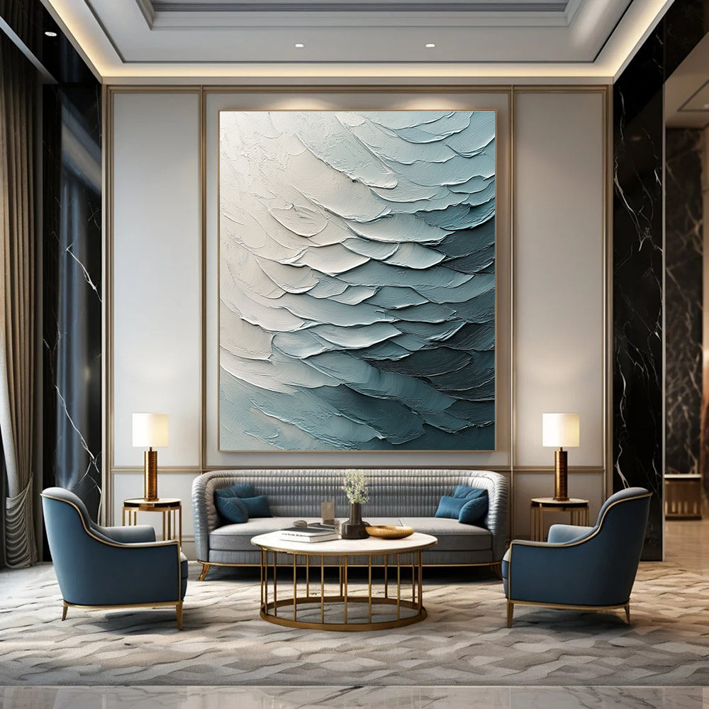 Large abstract painting with textured canvas and impasto strokes features fluid waves in light blue tones and volumetric lighting.STSC204