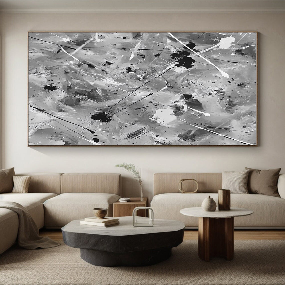 Black and White Splash Abstract Painting with Dynamic Splatters GER106