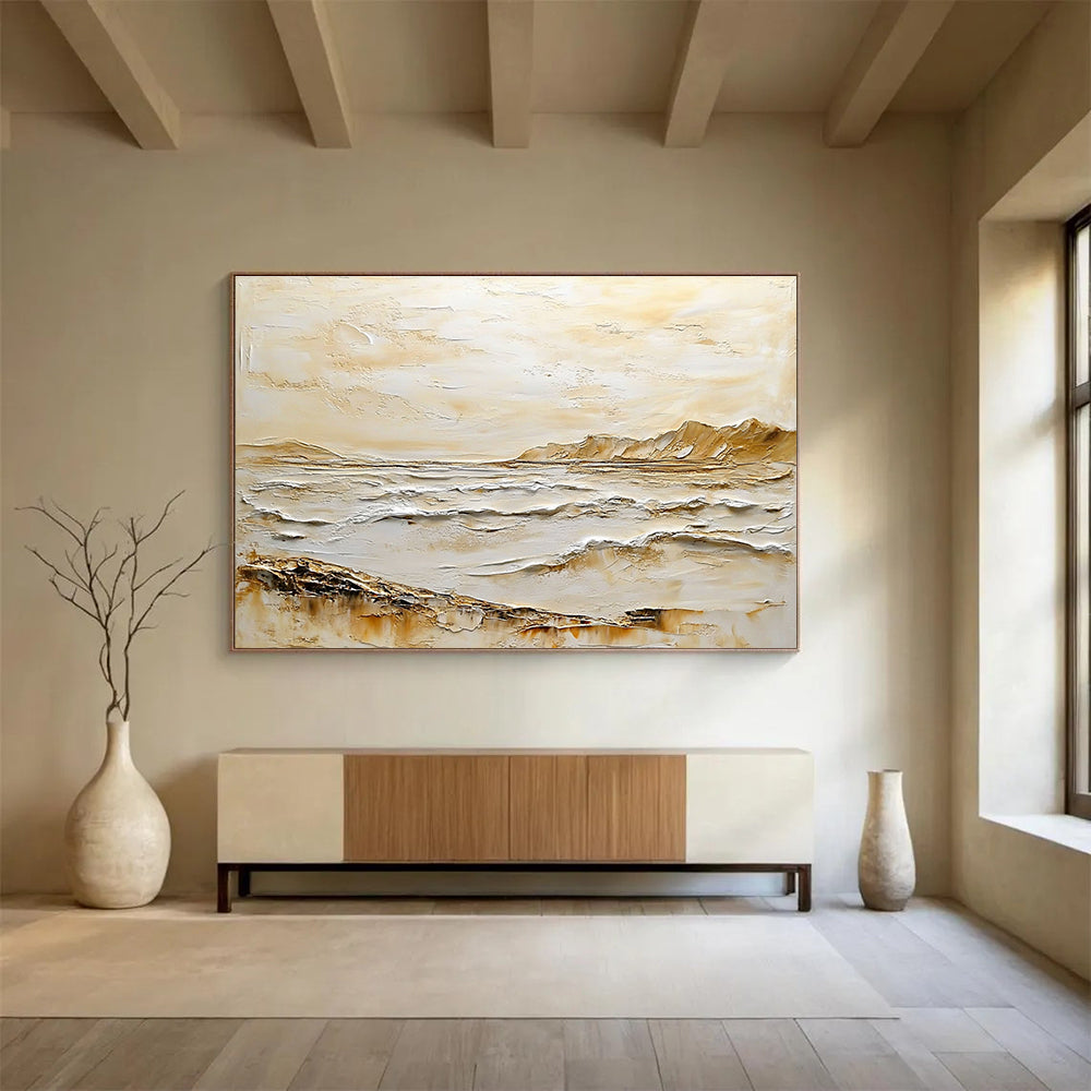 Textured Coastal Landscape Abstract Painting with Beige and White Impasto DYP618