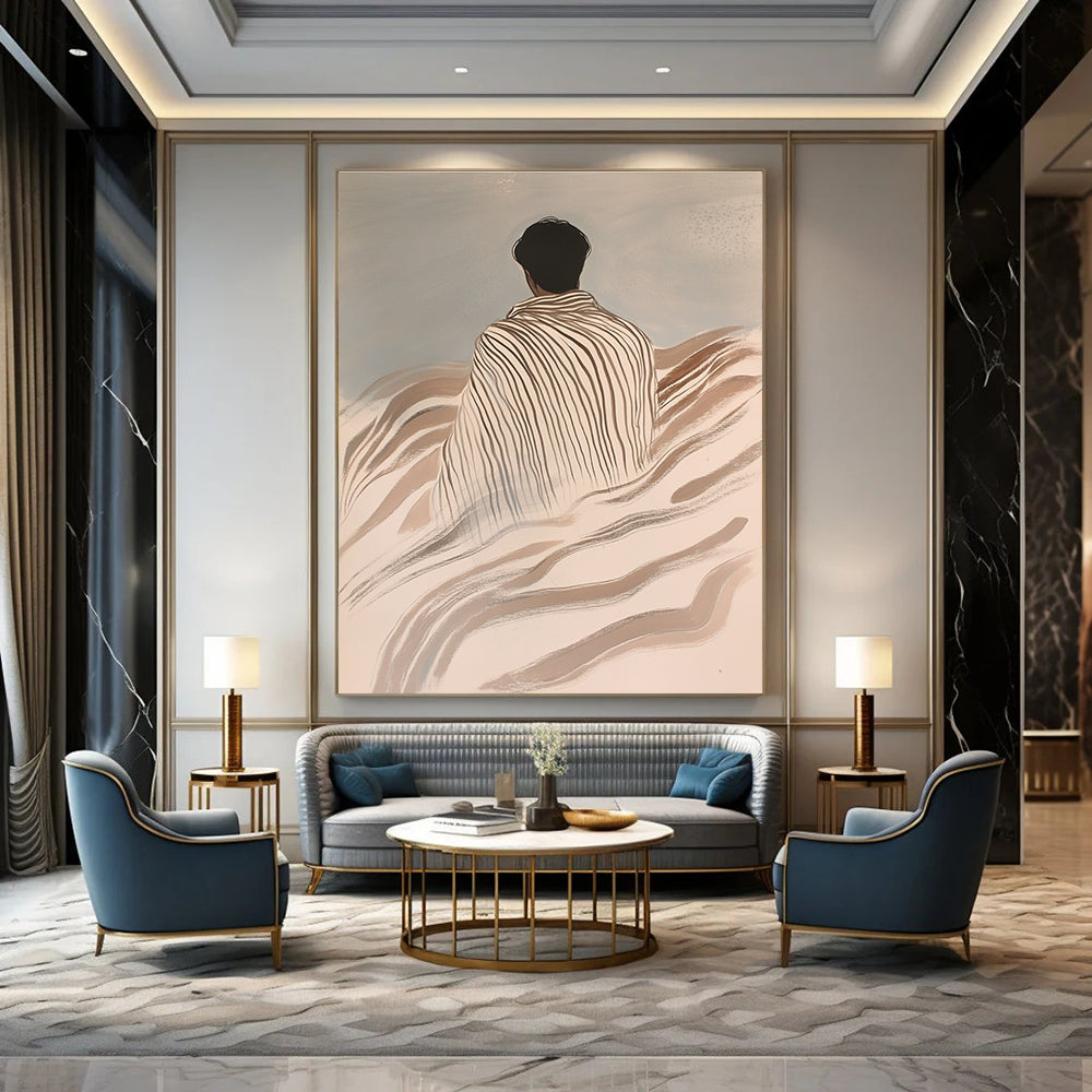 Abstract painting featuring an Asian man wrapped in striped blankets on waves with a light gray background in ink wash style.STSC1116