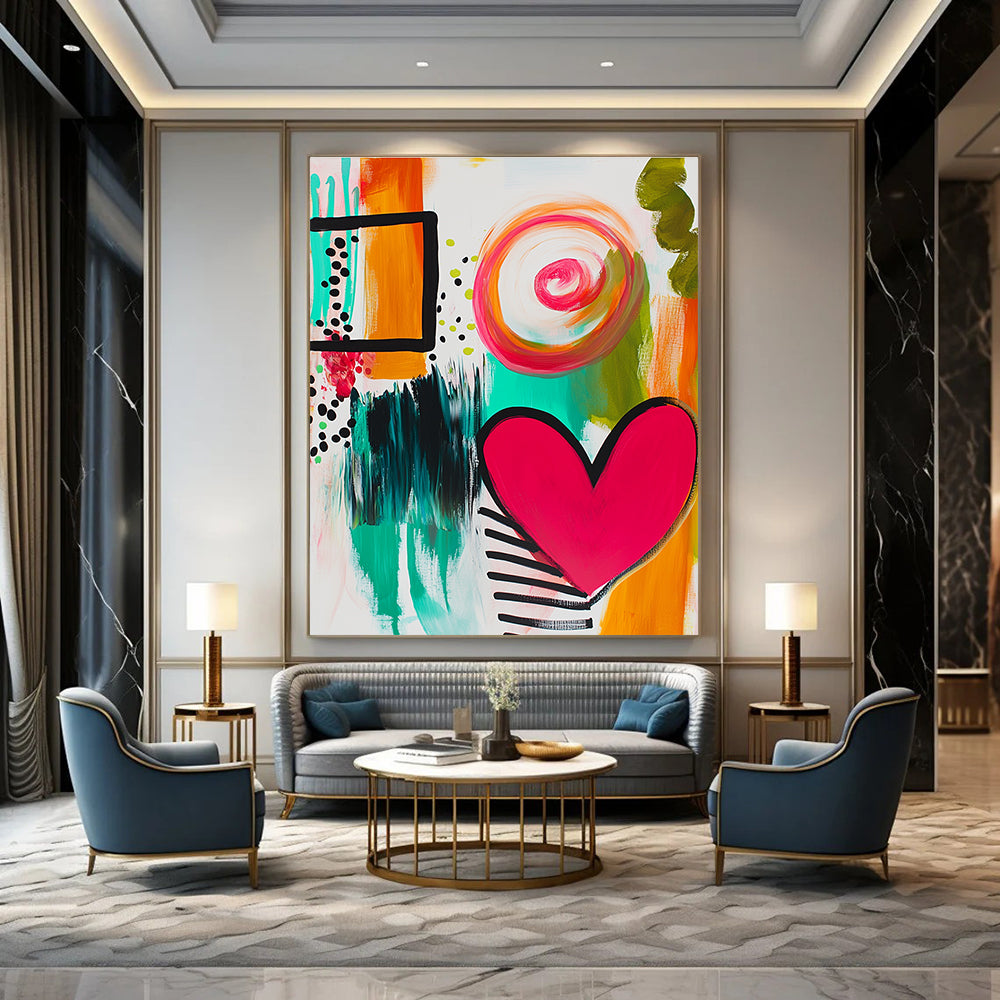 Large abstract painting featuring bold lines bright colors stripes and dots with a joyful heart shape and lively green swirls.STSC745