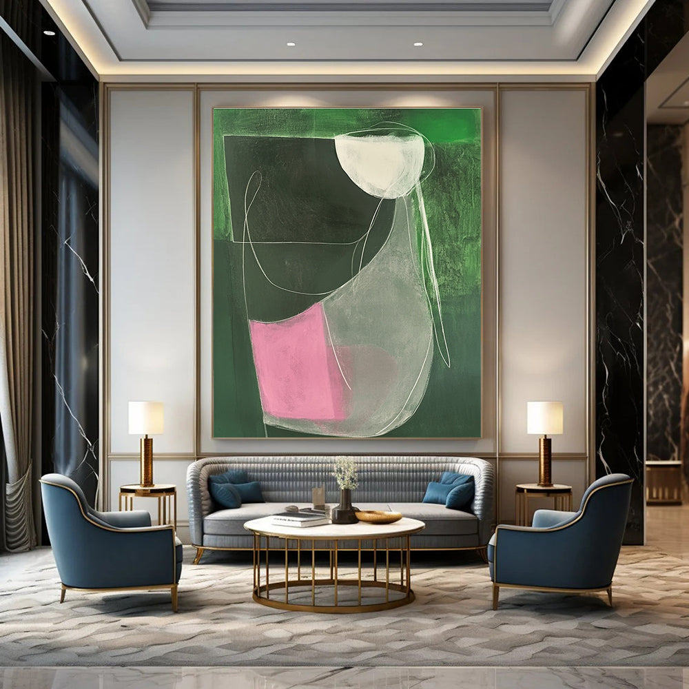 Large abstract painting featuring a female form in green and pink with minimalist white lines on dark grey canvas.STSC1297