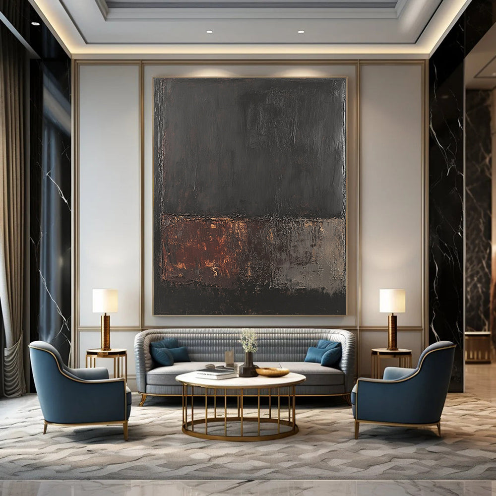 Large abstract painting in dark gray and brown inspired by Rothko with textured oil paint on a black background created using a palette knife.STSC621
