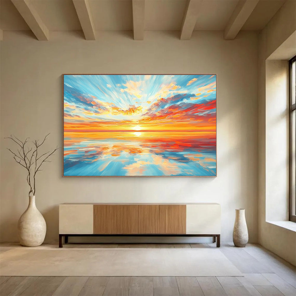 A stunning abstract painting of an endless horizon with a vibrant sunset and colorful reflections on calm waters. Perfect for home decor.SC403