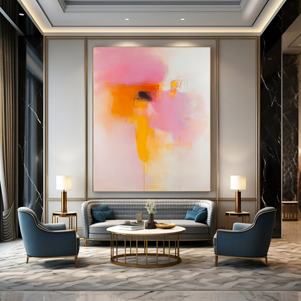 Large abstract painting featuring peach and pink hues with blurred forms and clear lines on a white background in soft orange yellow and red tones.STSC1409