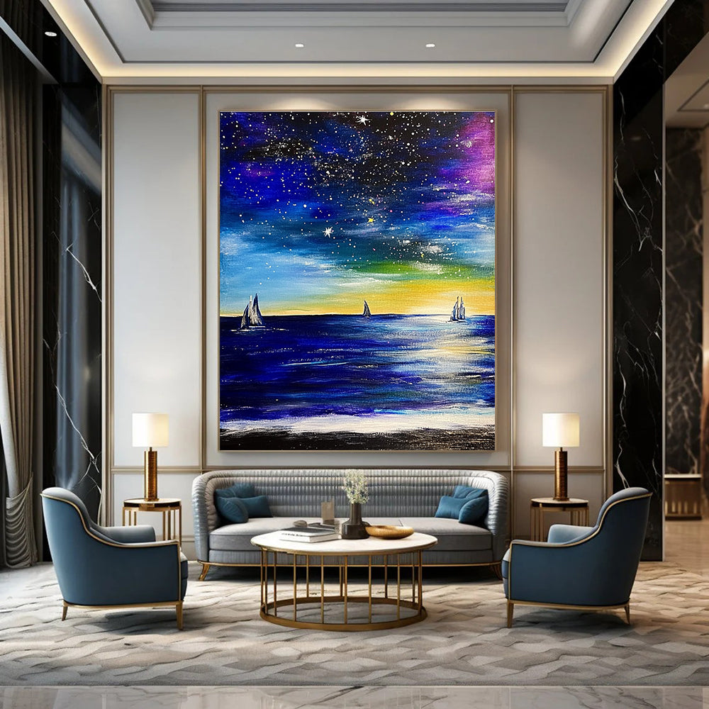 Large abstract painting depicting the ocean with sailboats and a starry sky featuring expressive brush strokes in vibrant colors.STSC851