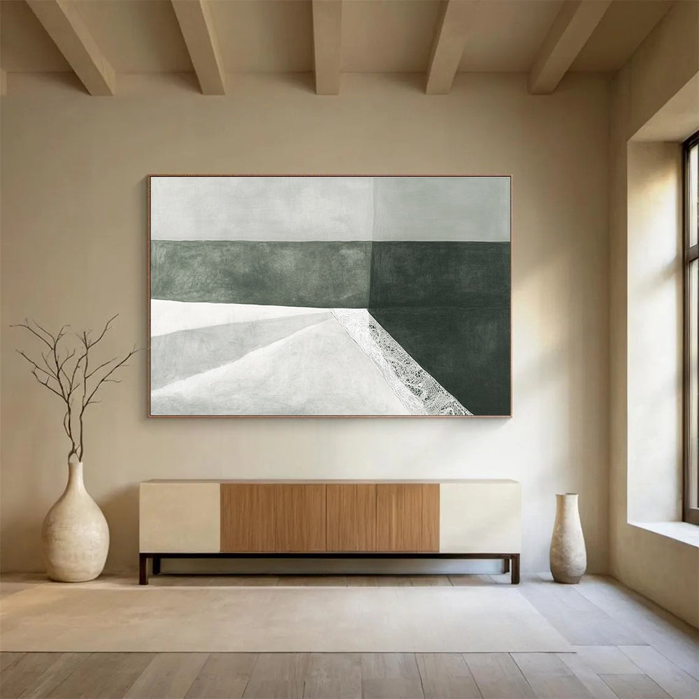 A large abstract drawing features a white fabric bag with lace on green paper against a subtle gray background, showcasing minimalist elegance and soft lighting.SC462