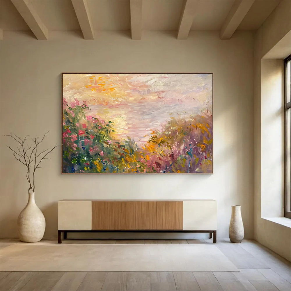 Flower Field Sunset Abstract Painting with Pink, Yellow, and Purple Hues THY195