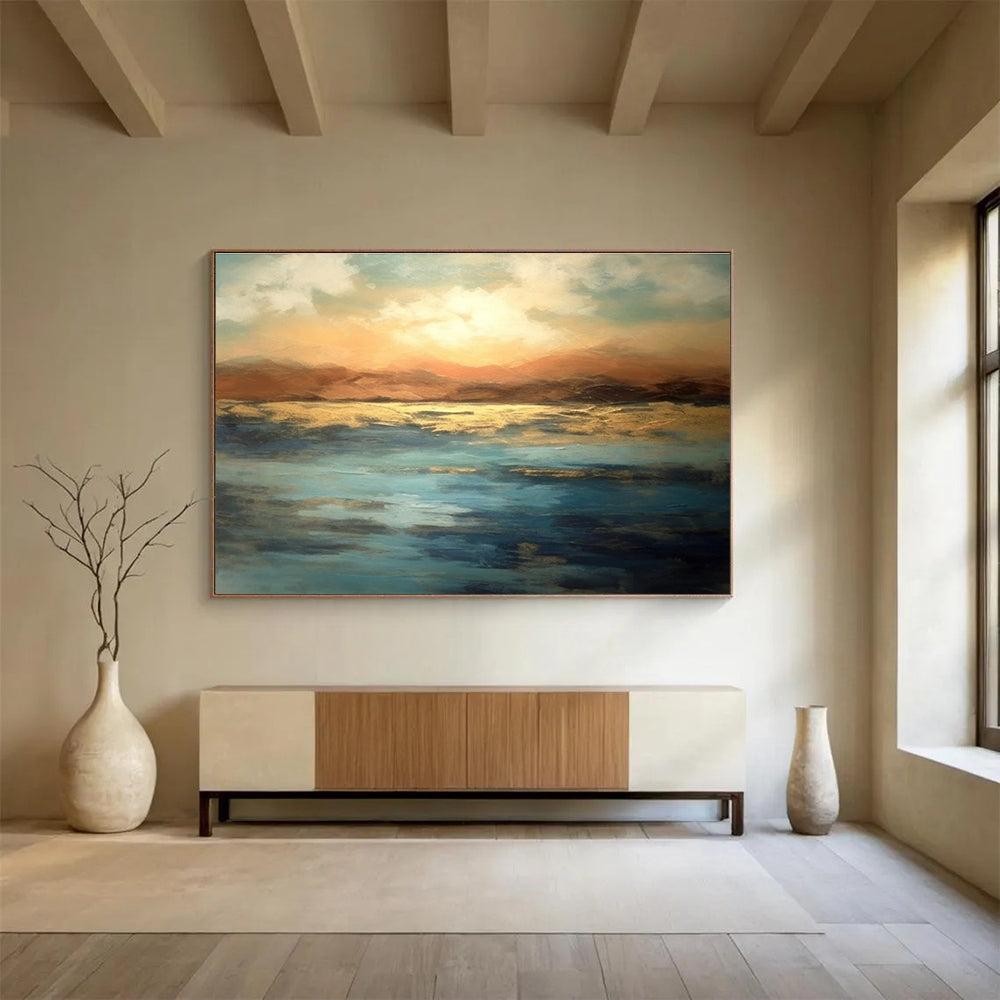 Orange Blue Sunset Lake Abstract Painting THY065
