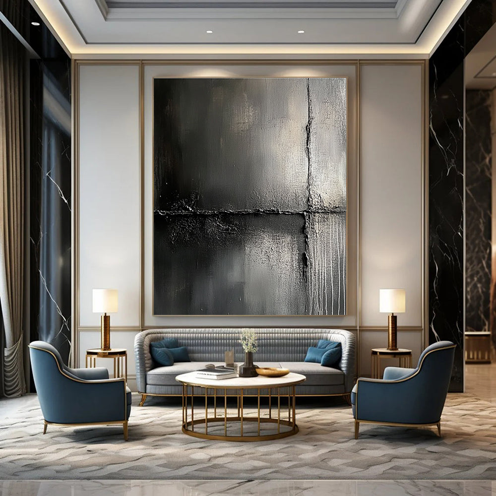 Large abstract painting features impasto textures against a dark gray background evoking urban decay and mystery for captivating exploration.STSC425