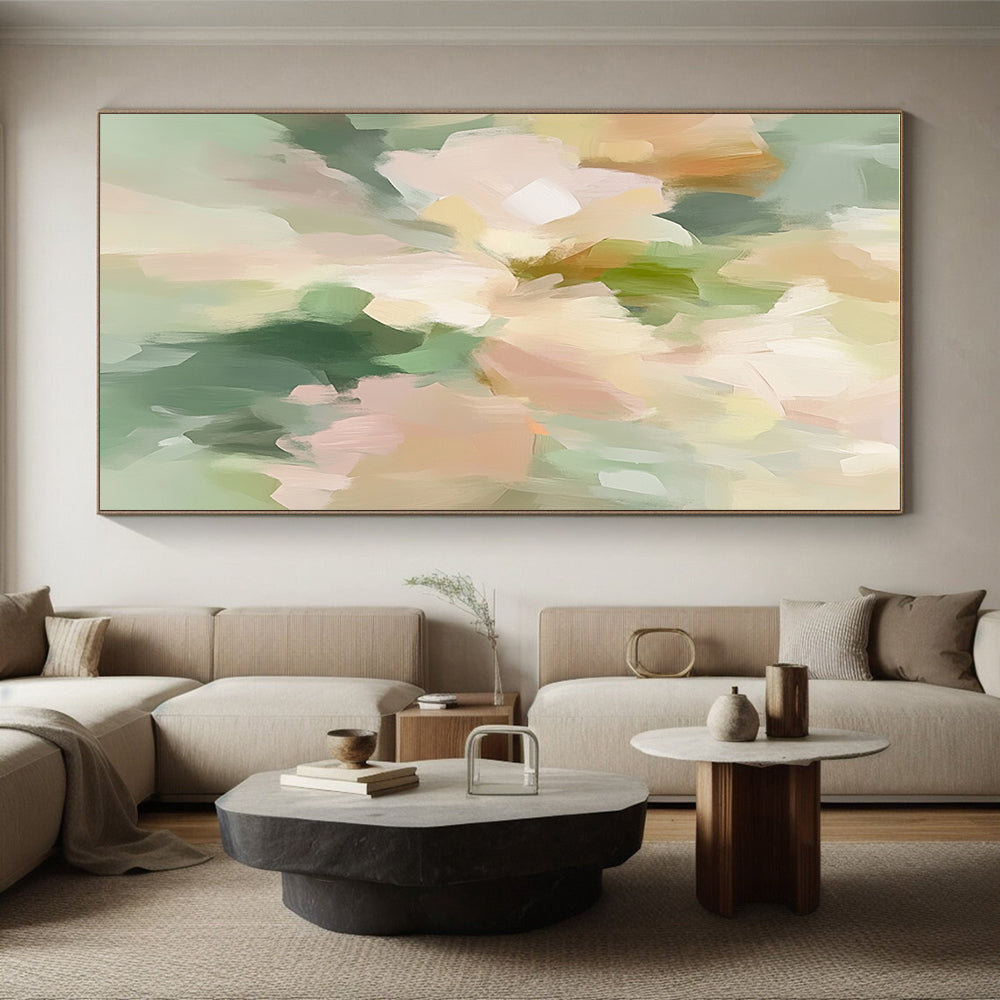 Light Green and Pastel Flower Abstract Painting with Dreamy Tones GER414