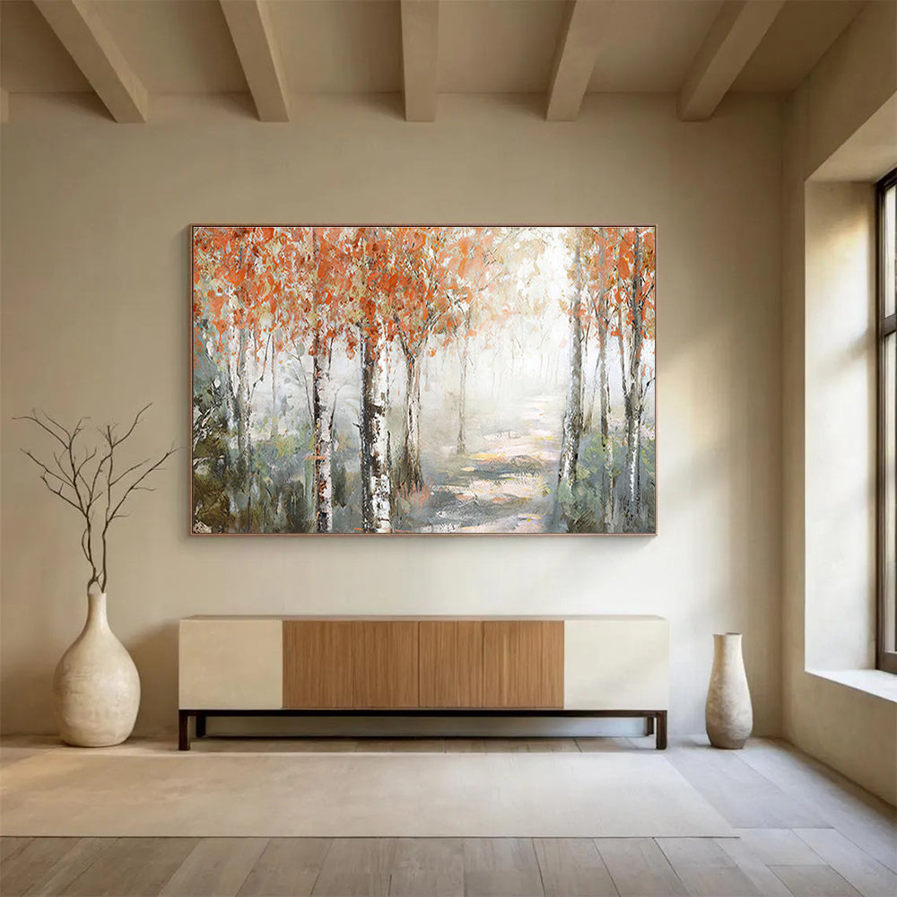 Autumn Birch Forest Path Abstract Painting with Orange, Grey, and Green Tones THY222