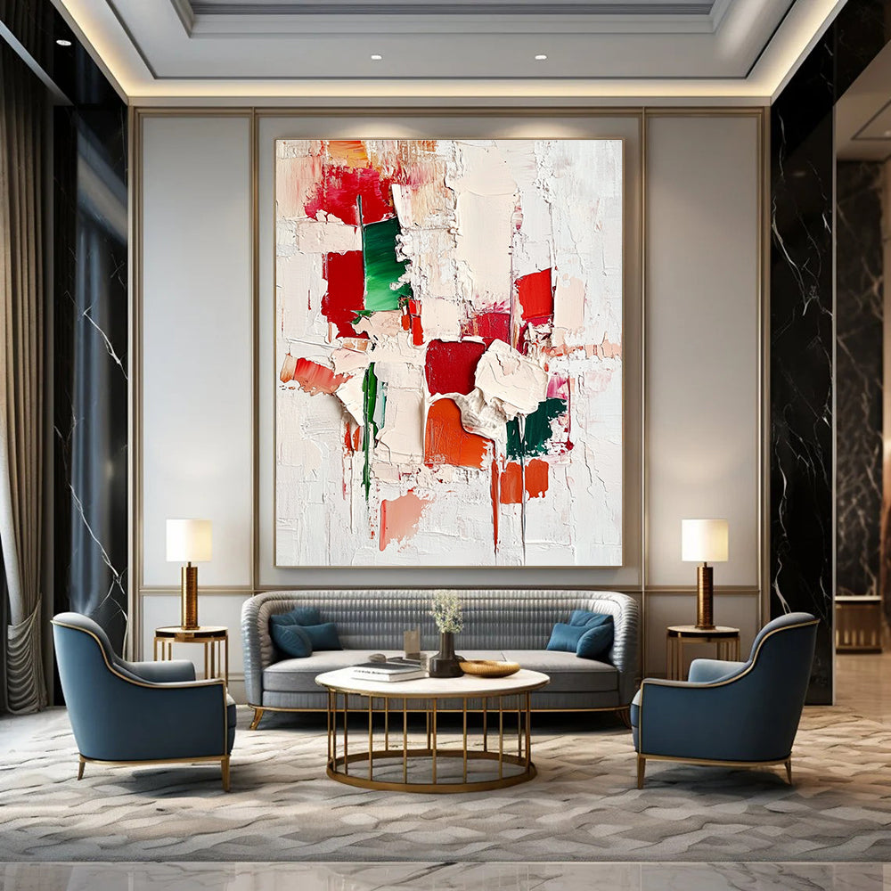 Large abstract painting with red green and white impasto textures showcasing intricate cityscape patterns on an off-white background.STSC327