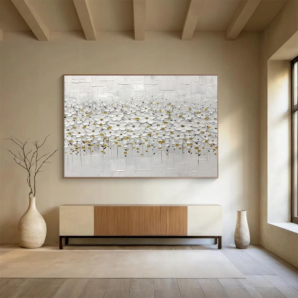 White Flower Field Abstract Painting with White, Gold, and Grey Tones THY214